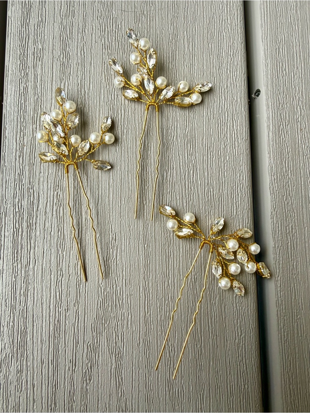 Set of 3 Gold Pearl Crystal Bridal Hair Pins Wedding Updo Accessories